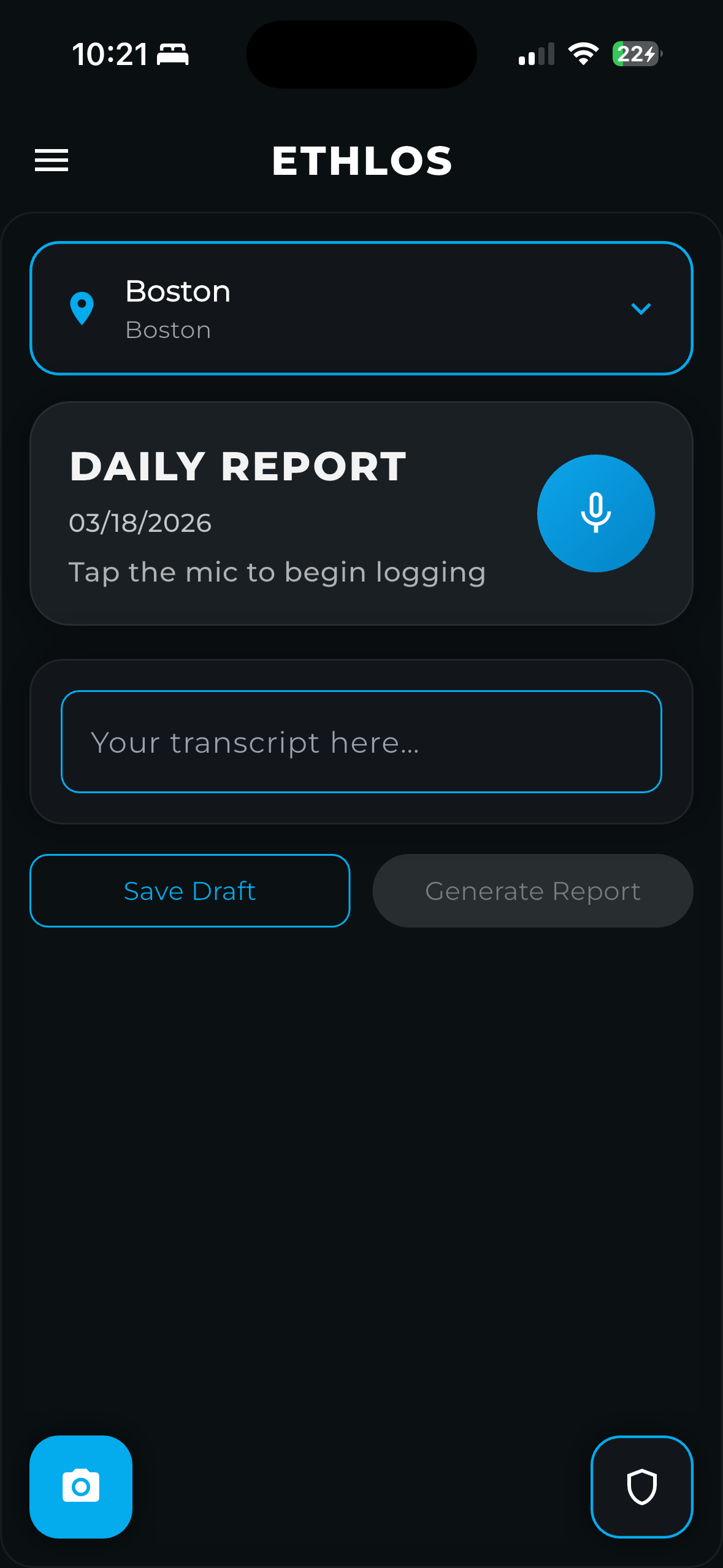 Ethlos Home — tap mic to begin logging